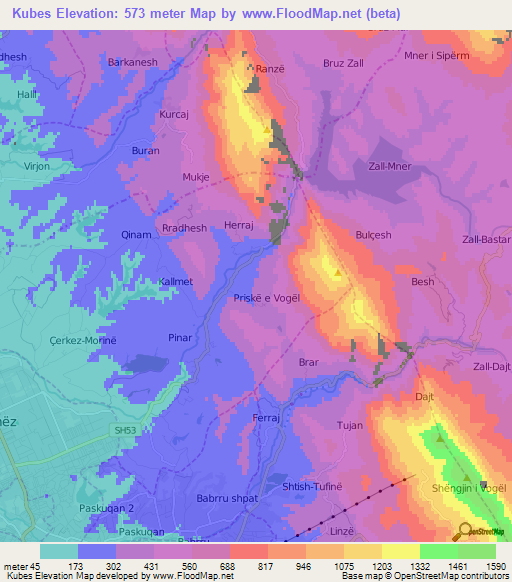 Kubes,Albania Elevation Map