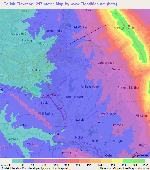 Collak,Albania Elevation Map