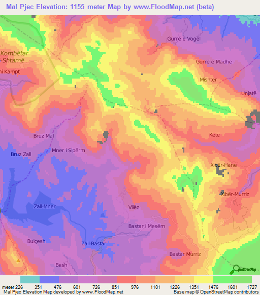 Mal Pjec,Albania Elevation Map