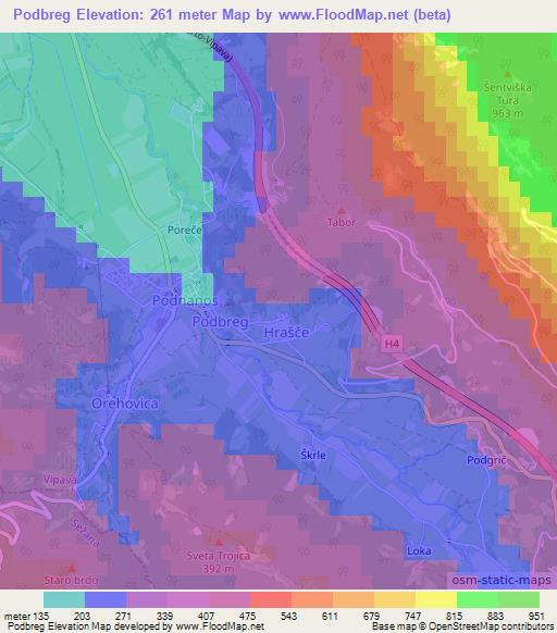 Podbreg,Slovenia Elevation Map