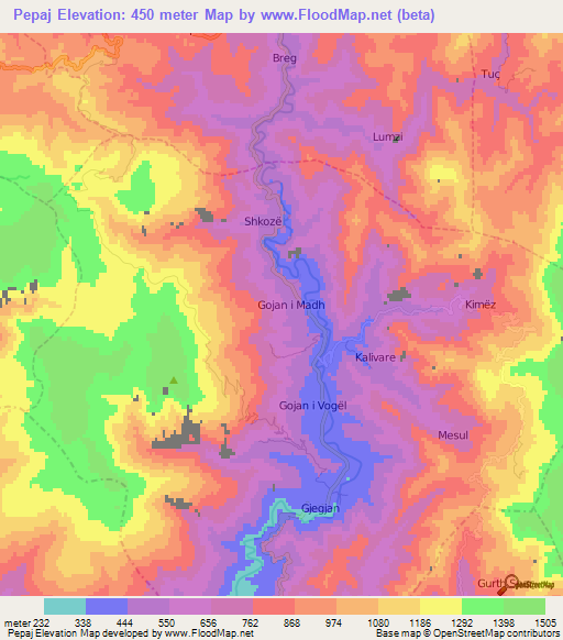 Pepaj,Albania Elevation Map