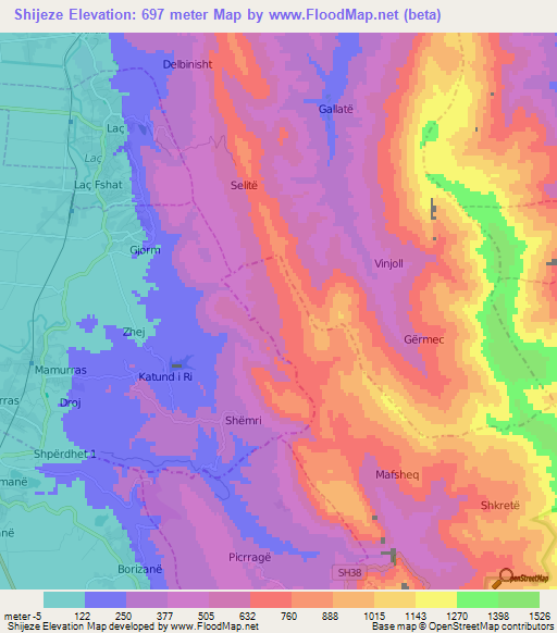 Shijeze,Albania Elevation Map