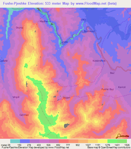 Fushe-Pjeshke,Albania Elevation Map