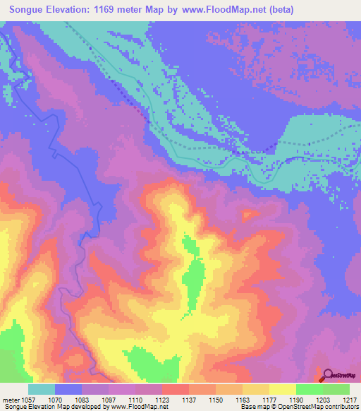 Songue,Angola Elevation Map