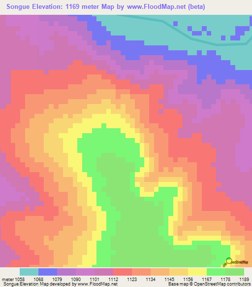 Songue,Angola Elevation Map