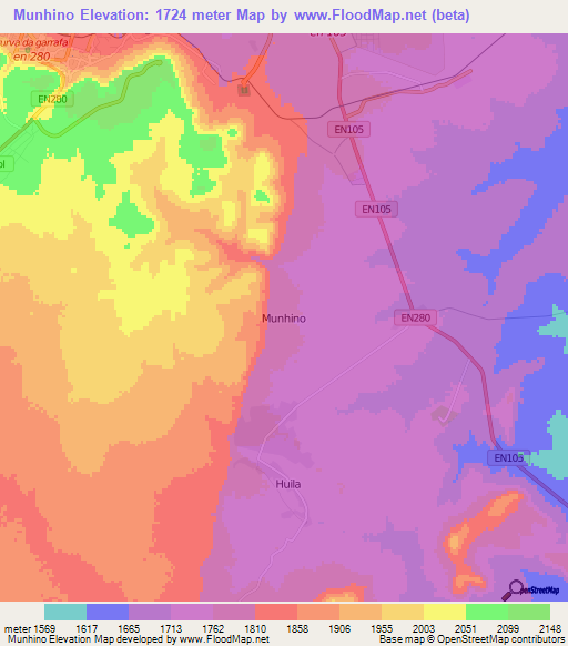 Munhino,Angola Elevation Map