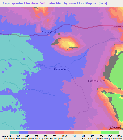 Capangombe,Angola Elevation Map