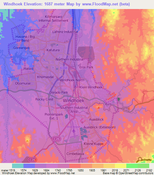 Windhoek,Namibia Elevation Map