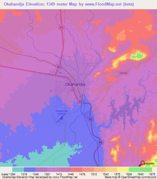 Okahandja,Namibia Elevation Map