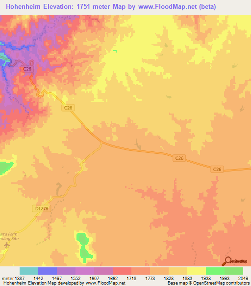 Hohenheim,Namibia Elevation Map