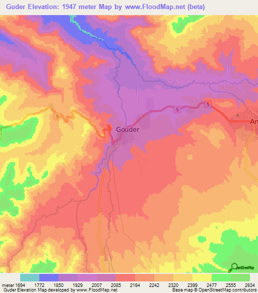 Guder,Ethiopia Elevation Map