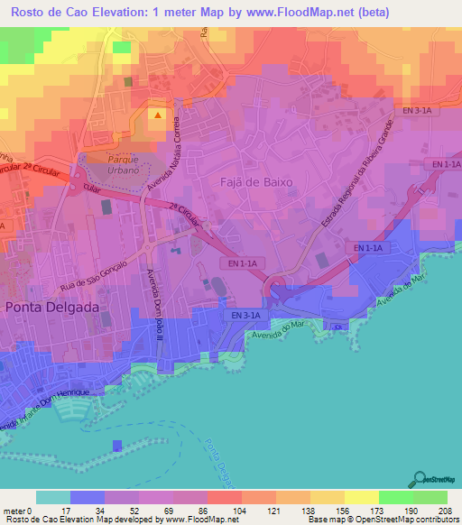 Rosto de Cao,Portugal Elevation Map