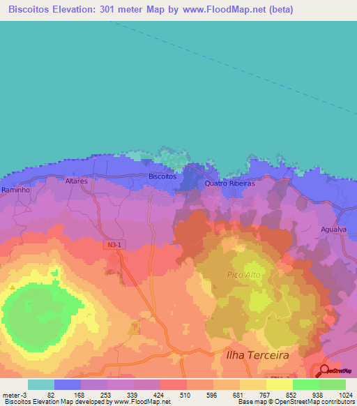 Biscoitos,Portugal Elevation Map