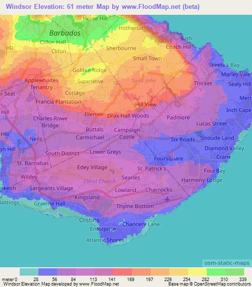 Windsor,Barbados Elevation Map