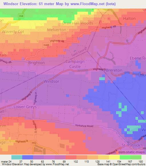 Windsor,Barbados Elevation Map