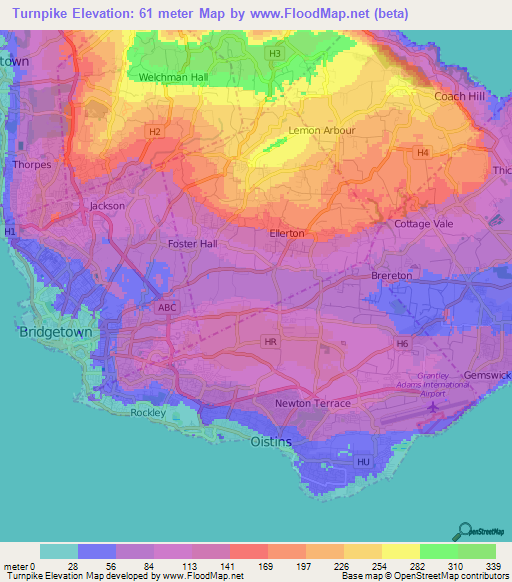 Turnpike,Barbados Elevation Map