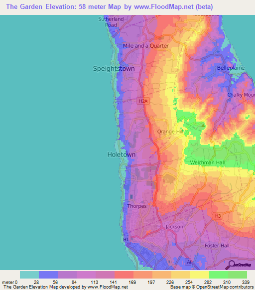 The Garden,Barbados Elevation Map