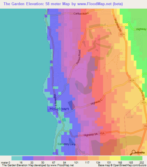 The Garden,Barbados Elevation Map