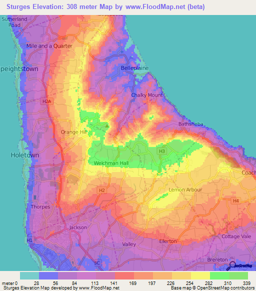 Sturges,Barbados Elevation Map