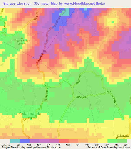 Sturges,Barbados Elevation Map