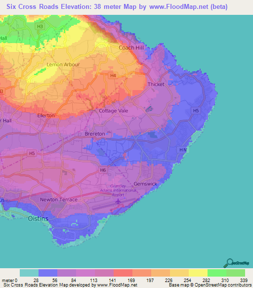 Six Cross Roads,Barbados Elevation Map