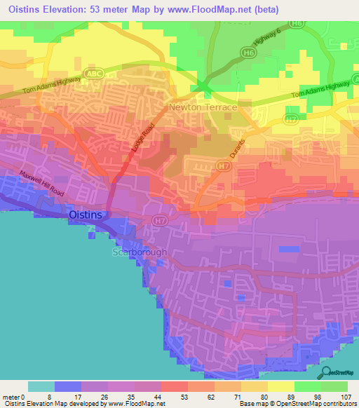 Elevation of Oistins,Barbados Elevation Map, Topography, Contour