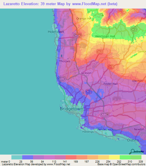 Lazaretto,Barbados Elevation Map