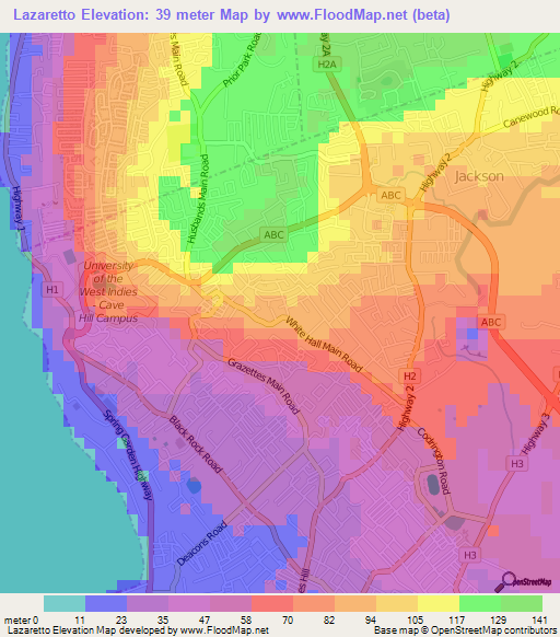 Lazaretto,Barbados Elevation Map