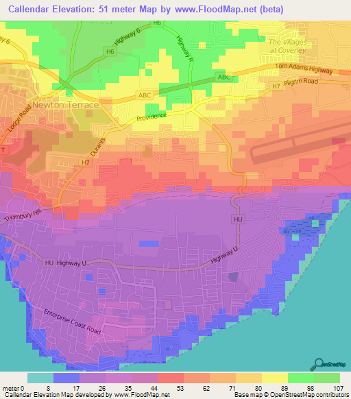 Elevation of Callendar,Barbados Elevation Map, Topography, Contour