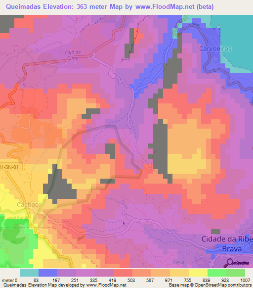 Queimadas,Cape Verde Elevation Map