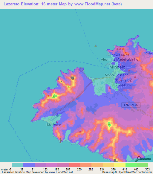 Lazareto,Cape Verde Elevation Map