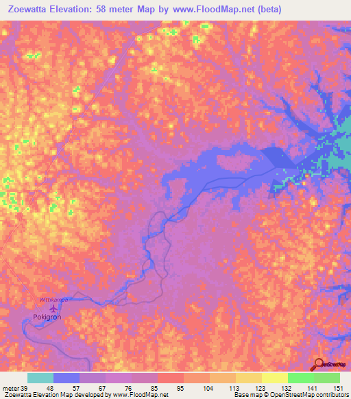 Zoewatta,Suriname Elevation Map