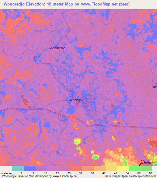 Wonoredjo,Suriname Elevation Map