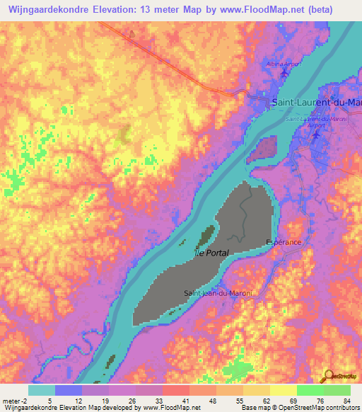 Wijngaardekondre,Suriname Elevation Map