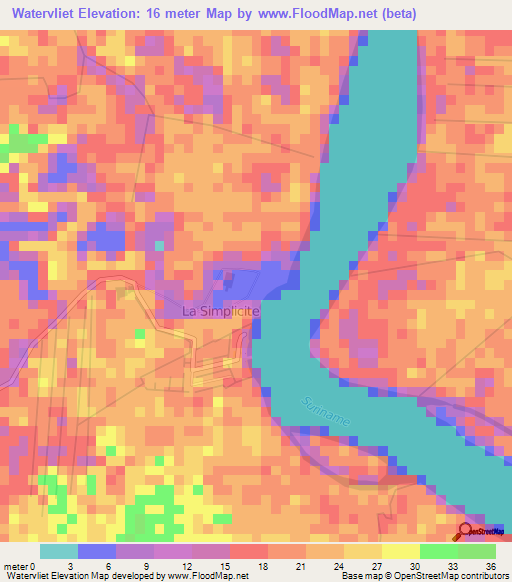 Watervliet,Suriname Elevation Map