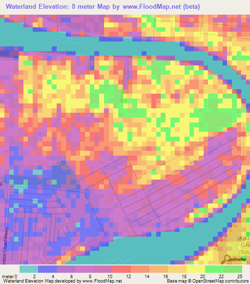 Waterland,Suriname Elevation Map