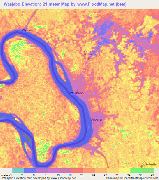 Wasjabo,Suriname Elevation Map