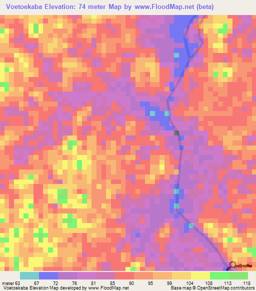 Voetoekaba,Suriname Elevation Map