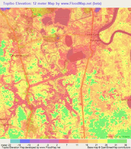 Topibo,Suriname Elevation Map