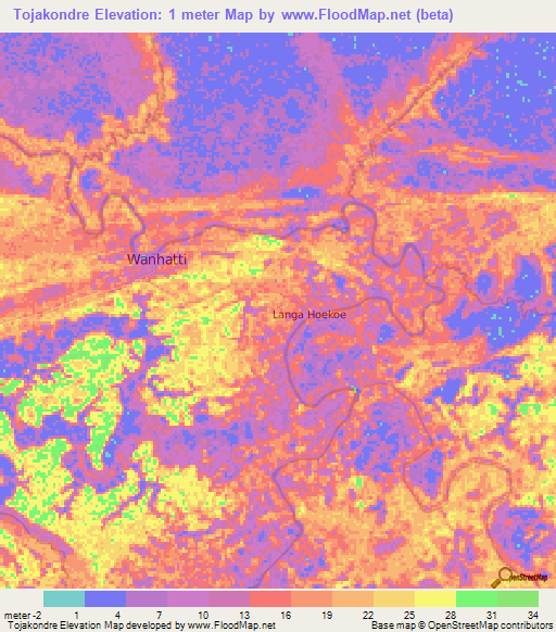 Tojakondre,Suriname Elevation Map