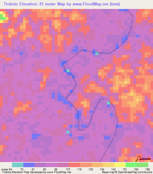 Tioboto,Suriname Elevation Map