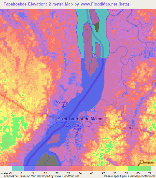 Tapahoekoe,Suriname Elevation Map