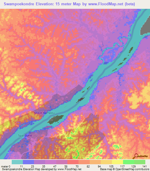 Swampoekondre,Suriname Elevation Map