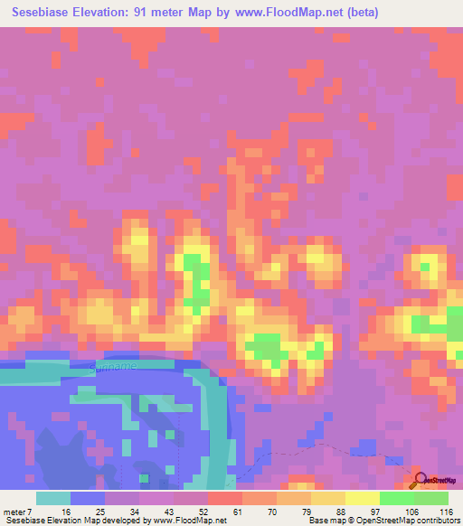 Sesebiase,Suriname Elevation Map