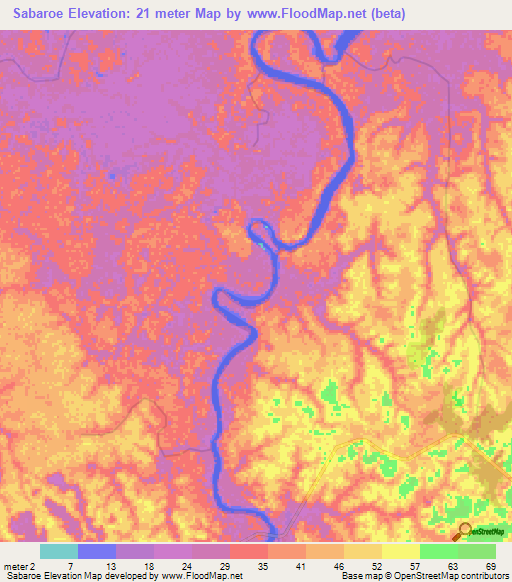 Sabaroe,Suriname Elevation Map