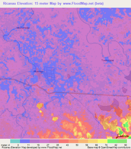 Ricanau,Suriname Elevation Map