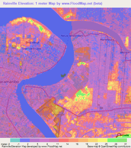 Rainville,Suriname Elevation Map