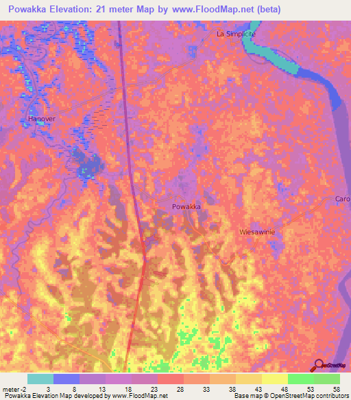 Powakka,Suriname Elevation Map