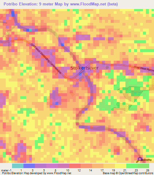 Potribo,Suriname Elevation Map