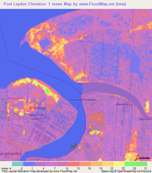 Post Leyden,Suriname Elevation Map